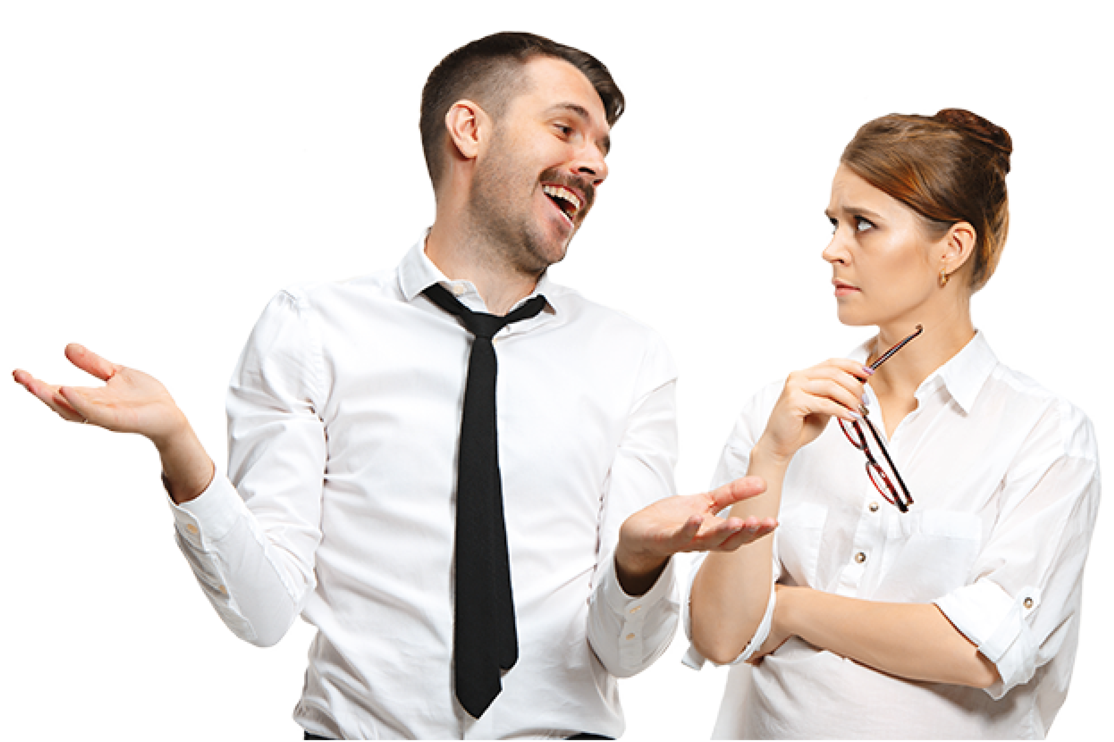 Речь сотрудникам. Общение на сером фоне. Stock photo man and woman communicate.